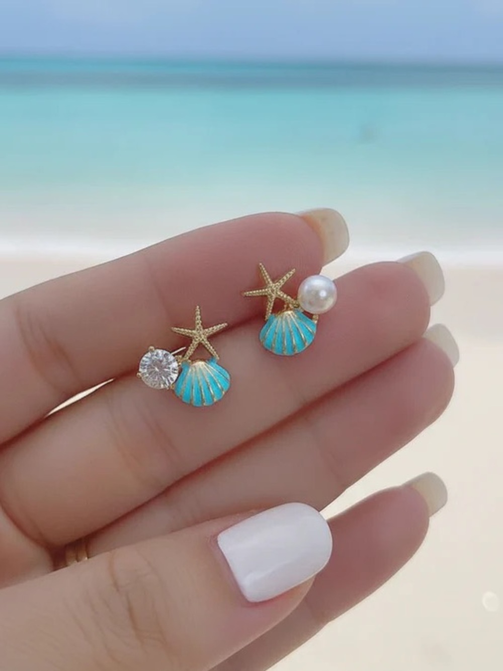Turquoise Sea Shell & Turtle Mixed Stud Earring Set - Gold and Silver - Picture 10 of 10